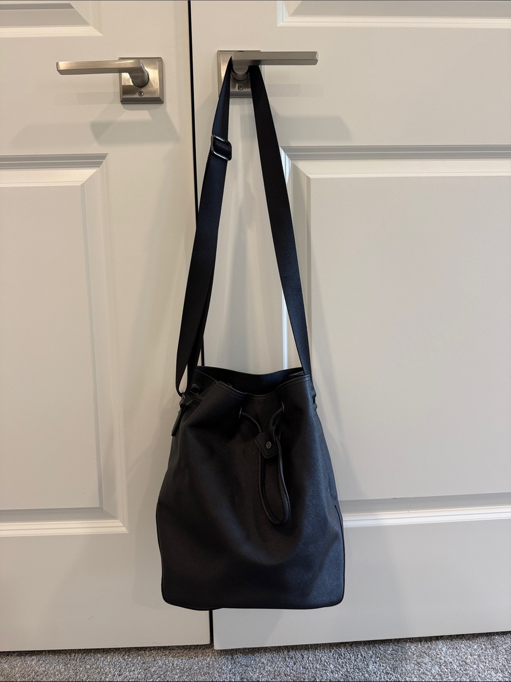 Black Leather Drawstring Shoulder Bag